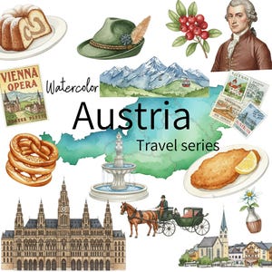 Op de afbeelding: Waterverfillustratie van Oostenrijk met iconische symbolen. Bevat een groene hoed met een veer, cake, pretzels, schnitzel met citroen, een paardenkoets en een portret van Mozart. De tekst luidt 'Austria Travel series'.