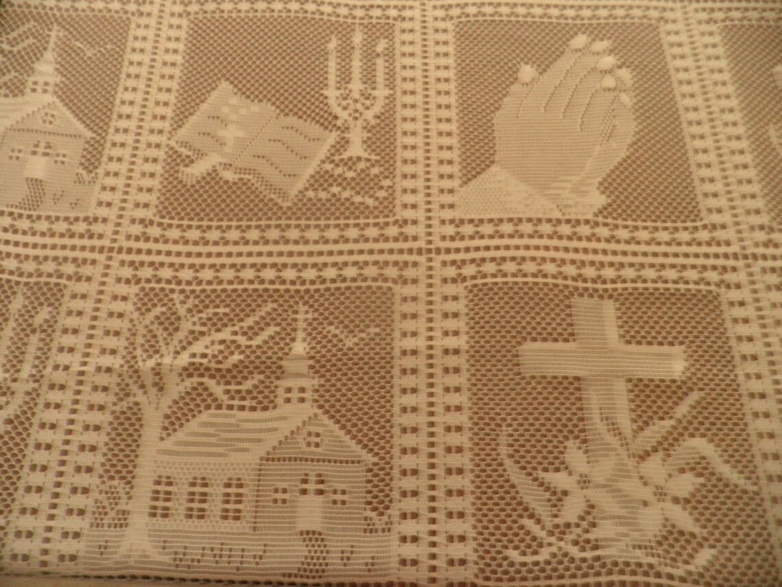 Ecru lace tablecloth with praying hands church cross and bible Etsy