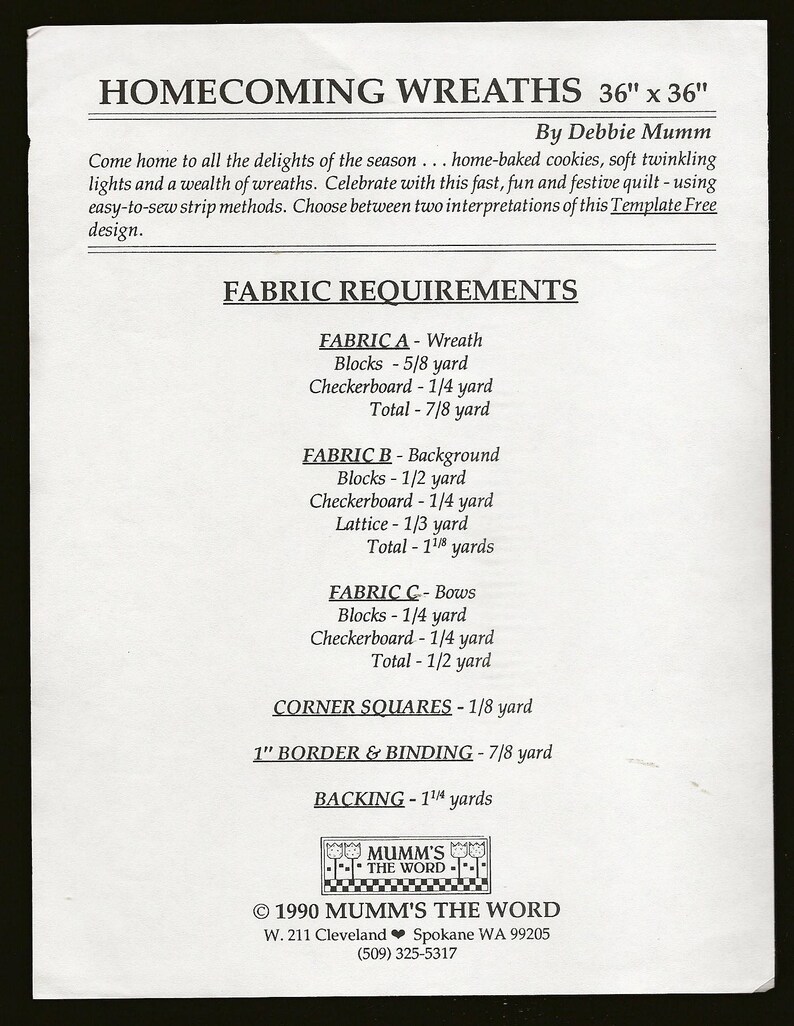 Debbie Mumm U19s Homecoming Wreaths Quilt Pattern Makes Up To 36 U1d X 36 U1d Great Vintage Diy Craft Pattern Quilting Sewing Needlecraft Ninebot Ro