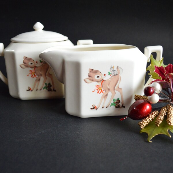 Charming Vintage Cream and Covered Sugar Bowl Christmas Fawn and Forest Friends - Bambi or Rudolph