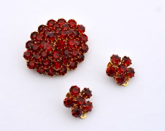 Garnet Red Prong Set Demi-Parure - Mounded Brooch and Clip Earrings - Vintage Classic Elegance - Gift For Her (January Birthday)