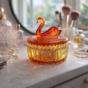 Vintage Swan Amberina Glass Powder Jar and Lipstick Holder - Jeannette Glass Co 1940s - Perfect for Repurposing