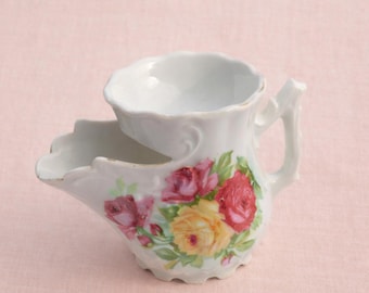 Antique Porcelain Shaving Scuttle with Hand‑Painted Roses – Edwardian Floral Mug