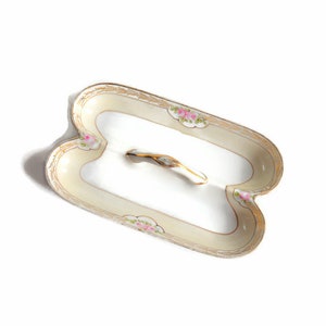 Antique Hand Painted Handled 2 section Nippon Relish Condiment Dish or Dresser Tray Nippon Rising Sun Backstamp 1910s