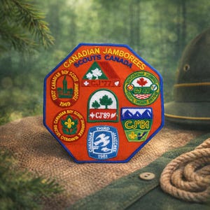 May include: An octagonal orange patch with multiple embroidered emblems, including text that reads "CANADIAN JAMBOREES SCOUTS CANADA". The patch features various designs, such as trees, a maple leaf, and the text "CJ'89". A green hat and rope are in the background.