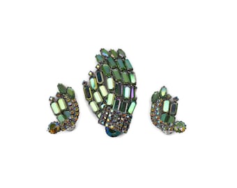Vintage CONTINENTAL Demi Parure Sparkling Iridescent Rhinestone Brooch and Clip Earrings Pale Green / Blue ~ Gift for Her