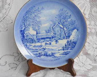 Currier & Ives “The Farmer’s Home – Winter” Plate, 1980s Gold Rim Decorative China, Old Homestead in Winter