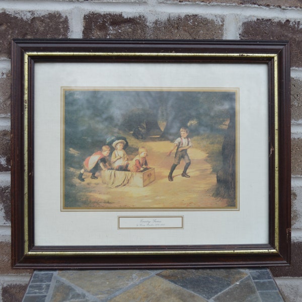 The Toy Carriage - Framed  Under Glass Vintage Print of Antique Oil Paining by Harry Brooker - AKA Holiday Playtime and Country Games