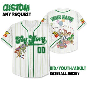 Camisa de beisebol personalizada com nome e idade da Pixar Toy Story para aniversário, aniversário personalizado da Disney Buzz Woody Jessie, aniversário personalizado da Disney