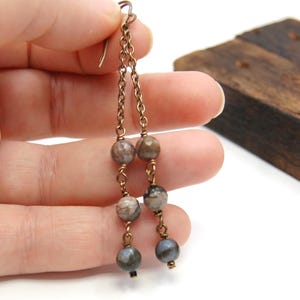May include: A pair of long, dangling earrings with a bronze chain and brown and blue patterned beads.