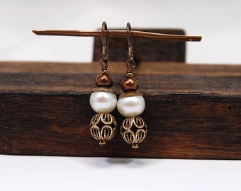 Handmade Brass Filigree Pearl Earrings: Antique Style Beaded Jewelry