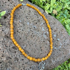 Orange African Recycled Glass Beads with Sterling Silver Bee and Freesia Pendant