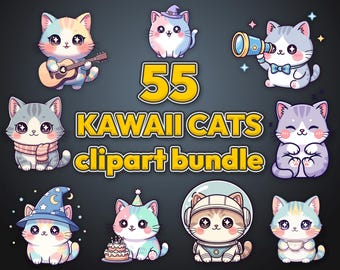 Kawaii Cat Clipart Bundle | 55 Chibi Kitten Graphics (Digital Download)