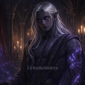 May include: Digital art of a dark-skinned elf with long white hair and purple eyes. The elf is wearing a dark robe with gold accents and has glowing purple markings on their arm. The text "CelestiaSisters" is visible.