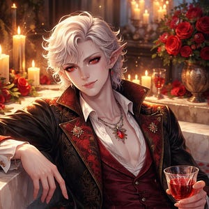 May include: An artistic depiction of a person with pale skin, red eyes, and white hair, wearing a red and black jacket and vest, holding a glass of red wine. The person is in a marble tub filled with water and rose petals, with candles and roses in the background.