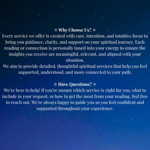 May include: A digital graphic with text on a dark blue background with white stars. The text reads "Why Choose Us?" and "Have Questions?" followed by descriptions of spiritual services, guidance, and support.