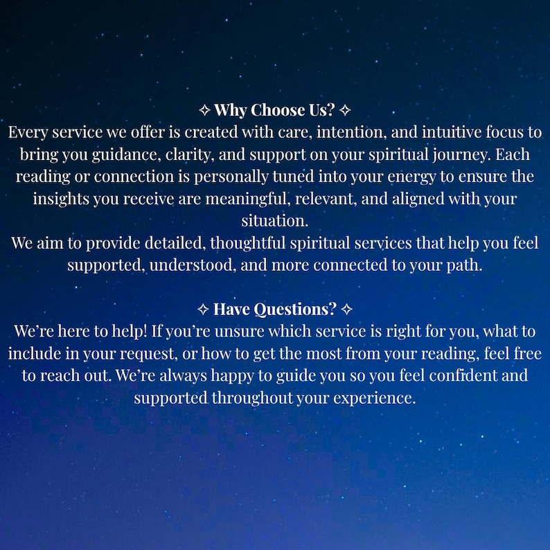May include: A digital graphic with text on a dark blue background with white stars. The text reads "Why Choose Us?" and "Have Questions?" followed by descriptions of spiritual services, guidance, and support.
