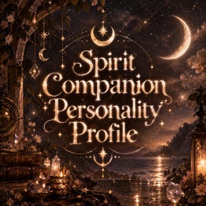 May include: A digital graphic featuring the text Spirit Companion Personality Profile in glowing gold lettering. The background displays a night scene with a crescent moon, stars, crystals, stacked books, and a lantern by a body of water.