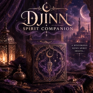 Peut inclure: Une boîte carrée violet foncé ornée de filigranes dorés, d'un croissant de lune et d'une lanterne. Le texte indique DJINN SPIRIT COMPANION et A MYSTERIOUS DJINN SPIRIT AWAITS. La boîte est entourée de lanternes en métal et de tissu violet.