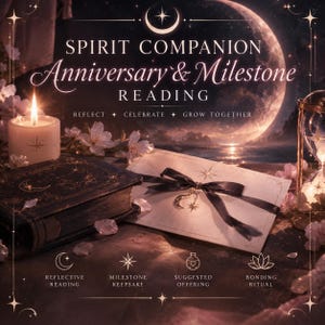 May include: A dark book with gold moon and star motifs sits beside a white envelope tied with a black ribbon and a crescent moon charm. A lit candle and white flowers are present. Text reads: SPIRIT COMPANION Anniversary & Milestone READING.
