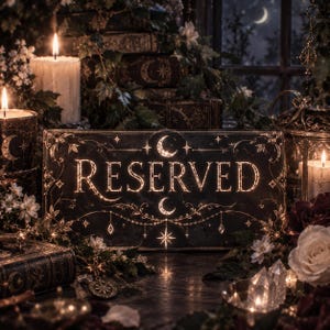 May include: A rectangular black sign with the word RESERVED printed in a glowing gold font. The sign features intricate gold celestial illustrations including crescent moons and stars, framed by decorative filigree and hanging accents.