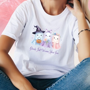 Halloween Pink Ghost T-Shirt, Pastel Spooky Season gift for her,  Whimsical Summerween or Fall Tee, Pastelcore Goth Pinkoween Ghost shirt