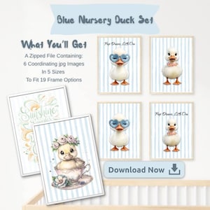Cute Baby Duck Nursery Art Set of 6 Images | Digital Download Print | Blue Nursery Wall Art | Baby Room Decor
