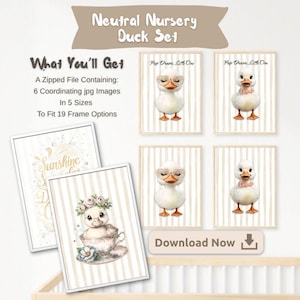 Cute Baby Duck Nursery Art Set of 6 Images | Digital Download Print | Neutral Colors Nursery Wall Art | Baby Room Decor