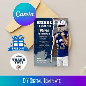 Football Birthday Party Invitation | Dallas Cowboys Birthday Theme | Canva Invite Template | Plus Free Thank You Sticker