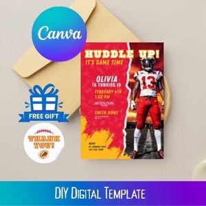 Kansas City Chiefs Birthday Party Invite Canva Template | Personalize Yourself | Football Party Template | Plus Free Thank You Sticker