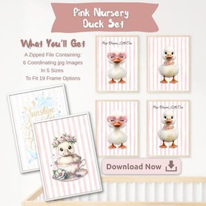 Cute Baby Duck Nursery Art Set of 6 Images | Digital Download Print | Pink Nursery Wall Art | Baby Room Decor