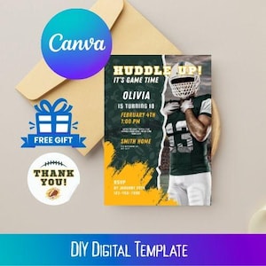 Green Bay Packers Birthday Party Template, Canva Invitation, Football-Themed Party, Digital Invitation, Free Thank You Sticker