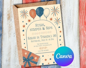 4th of July Birthday Canva Template | Party Invitation | Digital Invite | Independence Day Bash | Editable Design