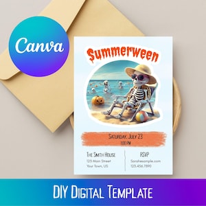 Editable Summerween Party Invitation | Summer Halloween Skeleton Birthday | Skeleton Summer Beach Party Invite, Spooky Beach Party
