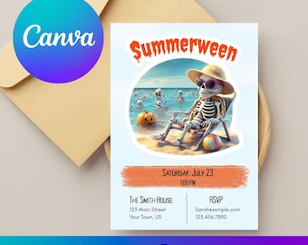 Editable Summerween Beach Party Invitation | Skeleton Birthday (Digital Download)