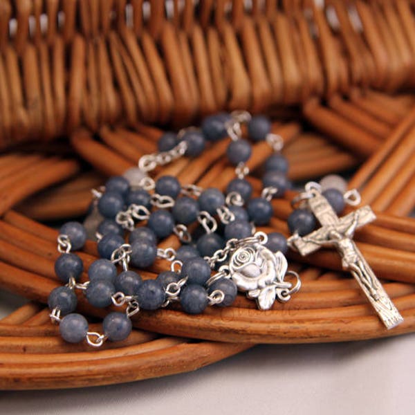 Rosary, Our Lady of Lourdes Rose, Blue Aventurine and Snow Quartz