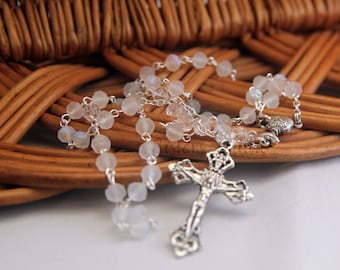 Rosary, Communion Chalice, White Opal Crystal Rosebuds