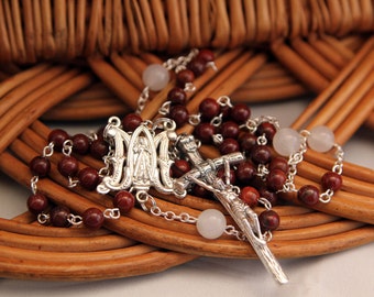 Divine Mercy Rosary, Red Rainbow Jasper and Snow Quartz