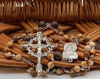 Padre Pio Rosary, Painted and Brown Snowflake Jasper