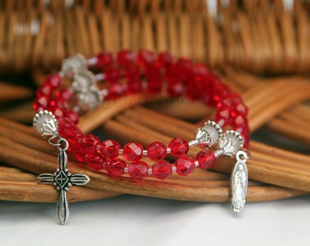 Our Lady of Guadalupe Rosary Bracelet, Ruby Crystal and Snow Quartz