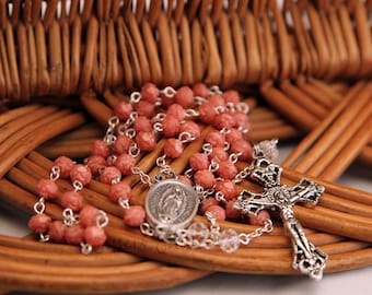Our Lady of Guadalupe Rosary, Coral Pink Crystal Rosebuds