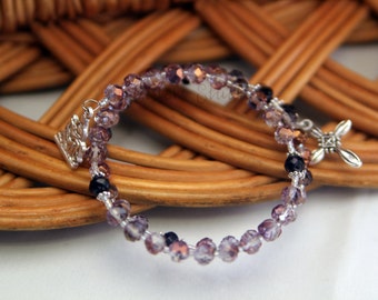 Pieta Rosary Bracelet, Amethyst and Tanzanite Crystal Rosebuds