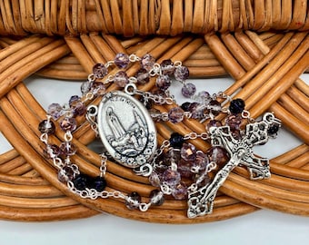 Our Lady of Fatima Soil Relic Rosary, Amethyst Copper Luster Crystal Rosebuds