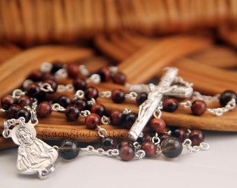 Sacred Heart of Jesus Rosary, Red Tiger Eye and Smoky Quartz