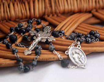 Holy Family Rosary, Snowflake Obsidian and Lava Rock