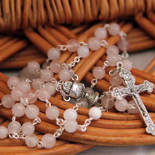 Rosary, Communion Chalice, Rose Quartz and Pearl Shell