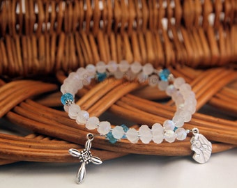 Our Lady of Sorrows Rosary Bracelet, White Opal and Aquamarine Crystal Rosebuds