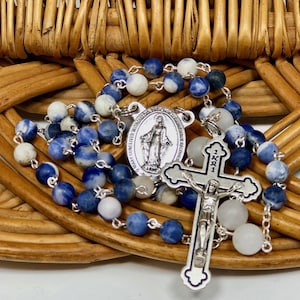 Miraculous Medal Rosary, Matte Sodalite with Calcite and White Jade