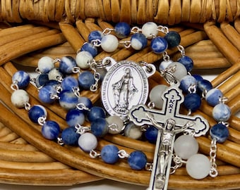 Miraculous Medal Rosary, Matte Sodalite with Calcite and White Jade