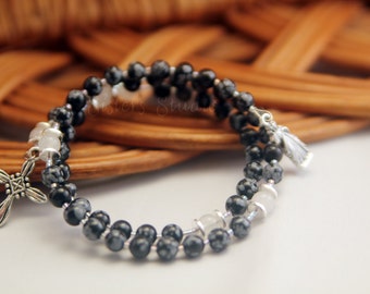 Divine Mercy Rosary Bracelet, Snowflake Obsidian and Snow Quartz